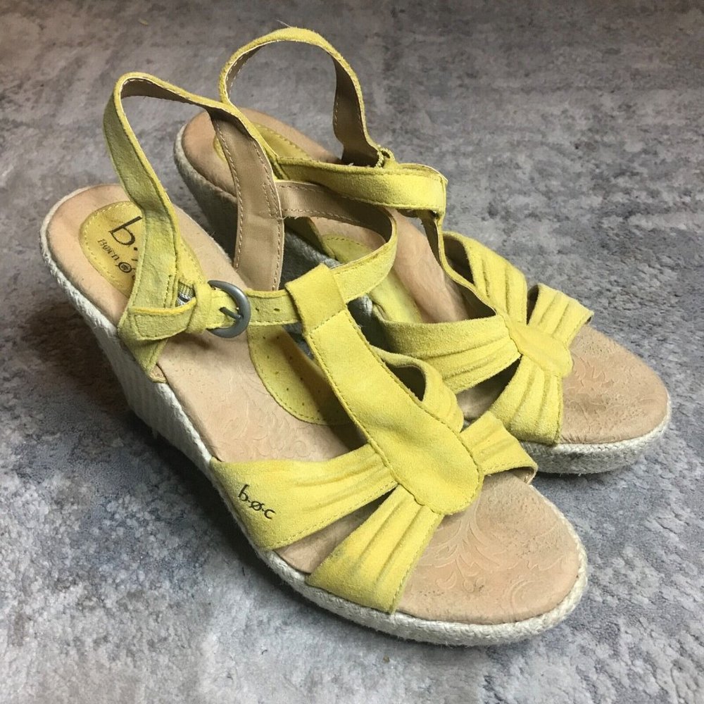 BOC Born Concepts Size 8 Maureen Yellow Suede Strappy Woven Wedge Heel Sandals